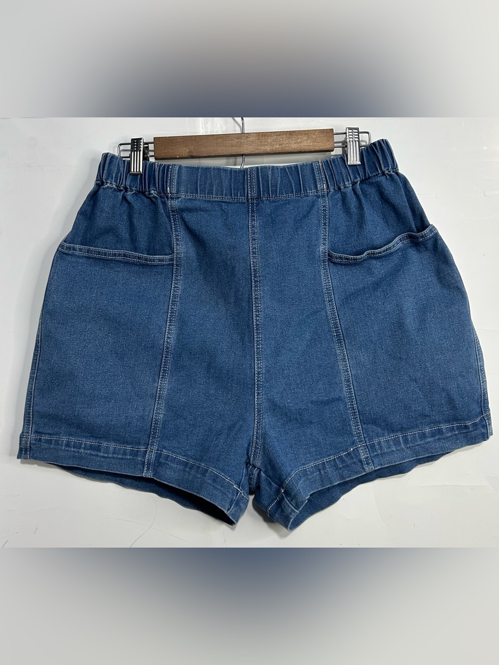 Fuinloth Patch Pocket Denim Elastic Waist Shorts XL
